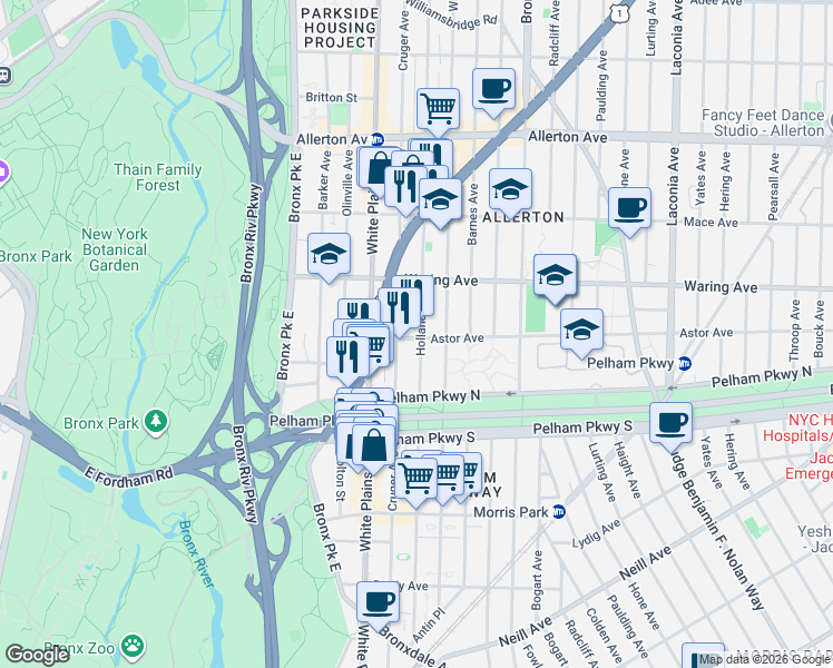 map of restaurants, bars, coffee shops, grocery stores, and more near 745 Astor Avenue in Bronx
