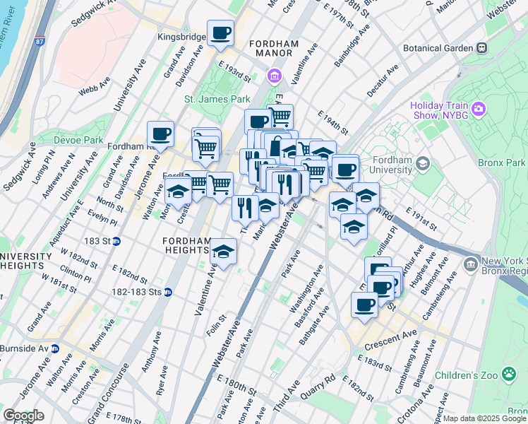 map of restaurants, bars, coffee shops, grocery stores, and more near 355 East 187th Street in The Bronx