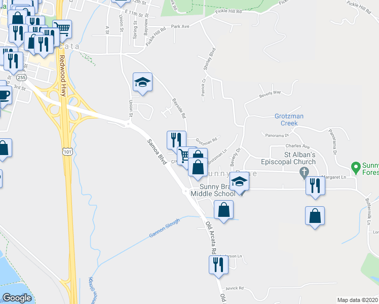 map of restaurants, bars, coffee shops, grocery stores, and more near 830 Bayside Road in Arcata