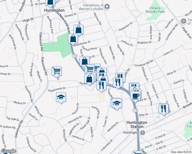 map of restaurants, bars, coffee shops, grocery stores, and more near 790 New York Avenue in Huntington
