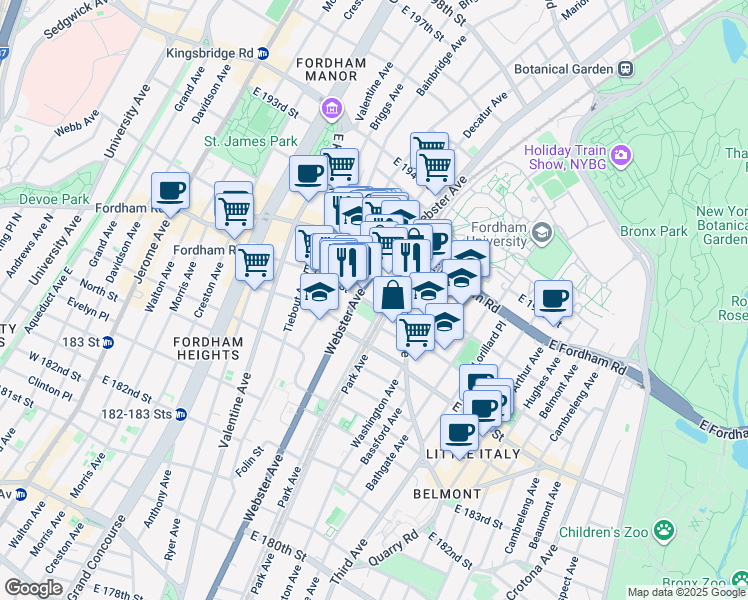 map of restaurants, bars, coffee shops, grocery stores, and more near 2458 Webster Avenue in Bronx