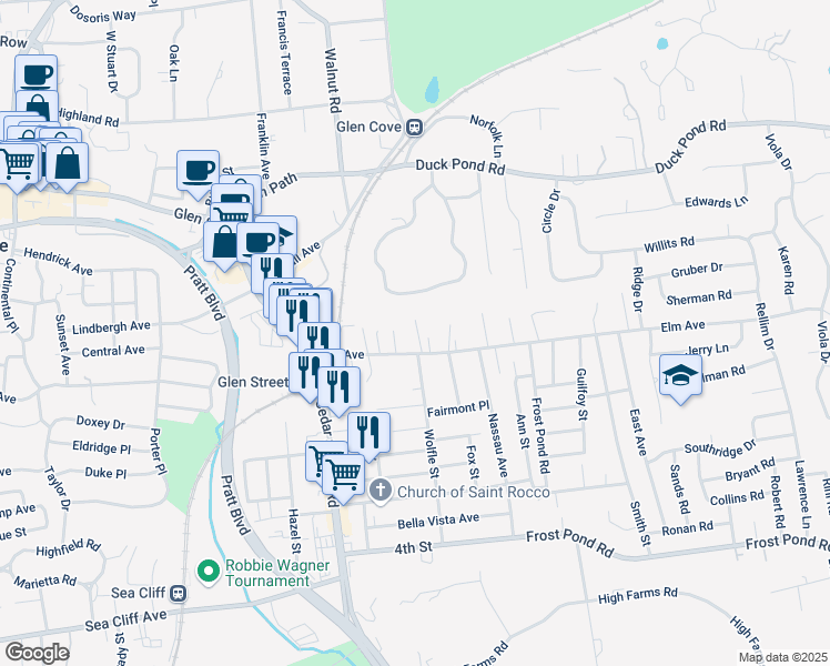 map of restaurants, bars, coffee shops, grocery stores, and more near 45 Elm Avenue in Glen Cove