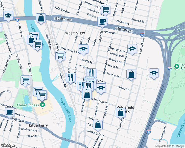 map of restaurants, bars, coffee shops, grocery stores, and more near 278 Main Street in Ridgefield Park