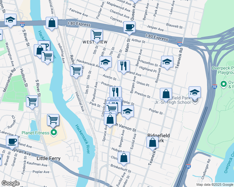 map of restaurants, bars, coffee shops, grocery stores, and more near 278 Main Street in Ridgefield Park
