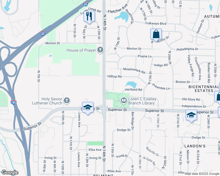 map of restaurants, bars, coffee shops, grocery stores, and more near 4801 North 15th Street in Lincoln