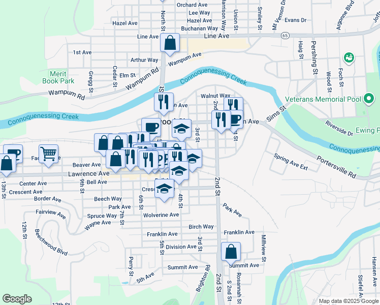map of restaurants, bars, coffee shops, grocery stores, and more near 355 Pittsburgh Circle in Ellwood City
