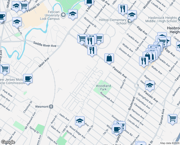map of restaurants, bars, coffee shops, grocery stores, and more near 6 Wesmont Drive in Wood-Ridge