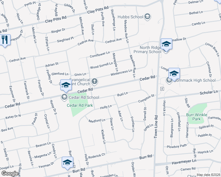 map of restaurants, bars, coffee shops, grocery stores, and more near 212 Cedar Road in East Northport