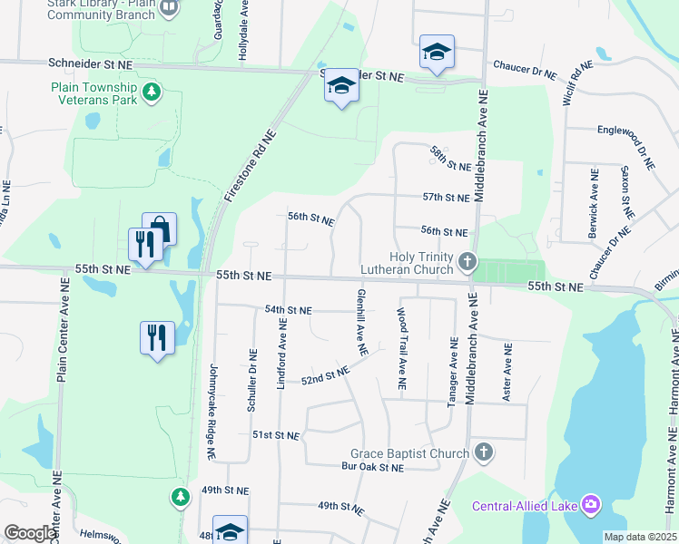 map of restaurants, bars, coffee shops, grocery stores, and more near 5516 Aspen Valley Avenue Northeast in Canton