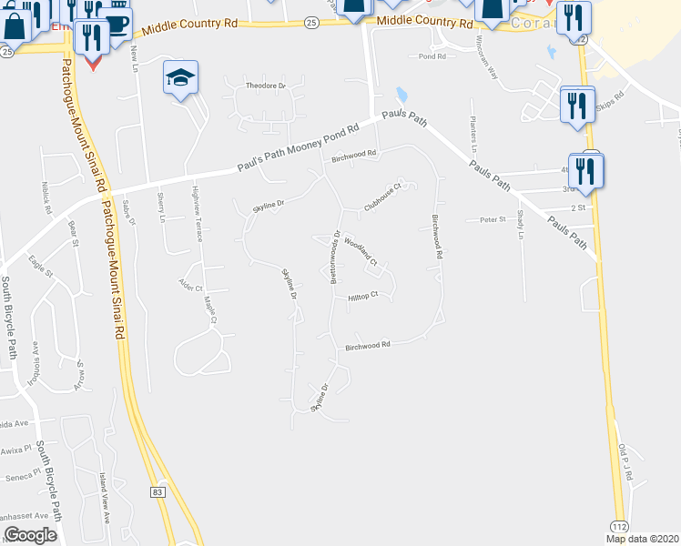 map of restaurants, bars, coffee shops, grocery stores, and more near 790 Brettonwoods Drive in Coram