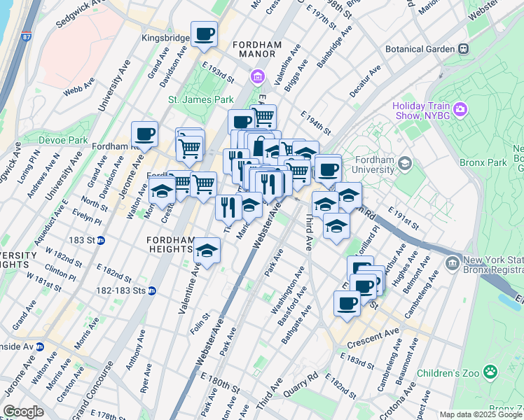 map of restaurants, bars, coffee shops, grocery stores, and more near 355 East 187th Street in Bronx