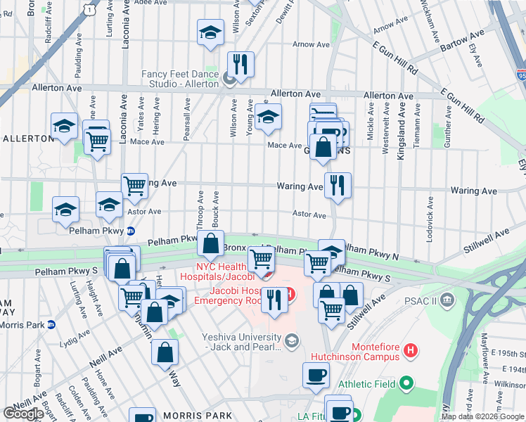 map of restaurants, bars, coffee shops, grocery stores, and more near Astor Ave & Fish Ave in Bronx