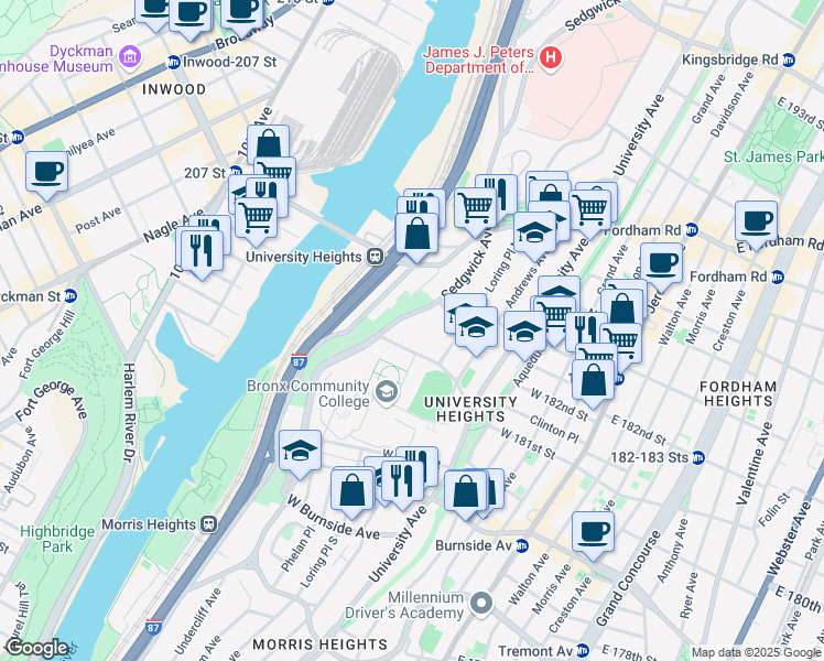 map of restaurants, bars, coffee shops, grocery stores, and more near 171 Hall of Fame Terrace in The Bronx
