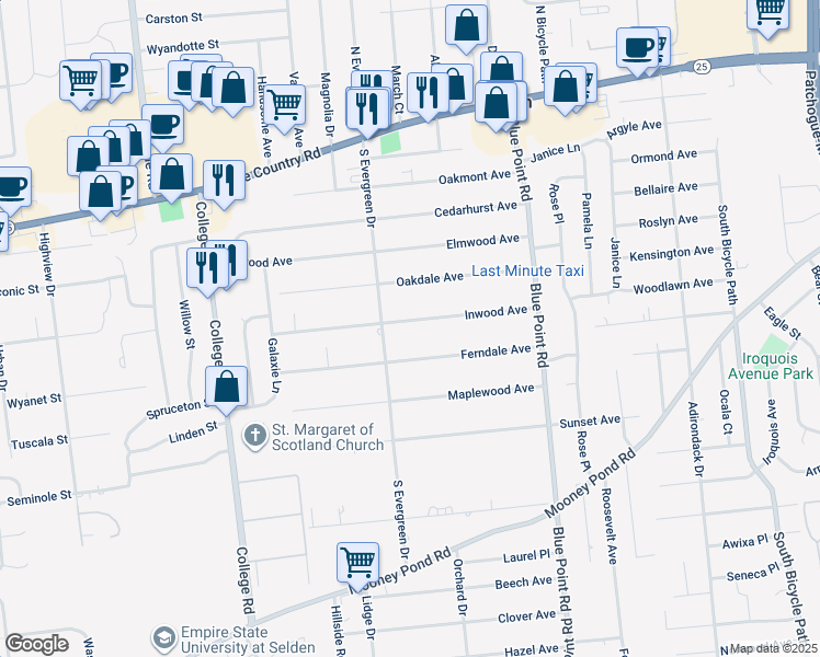 map of restaurants, bars, coffee shops, grocery stores, and more near 54 Inwood Avenue in Selden
