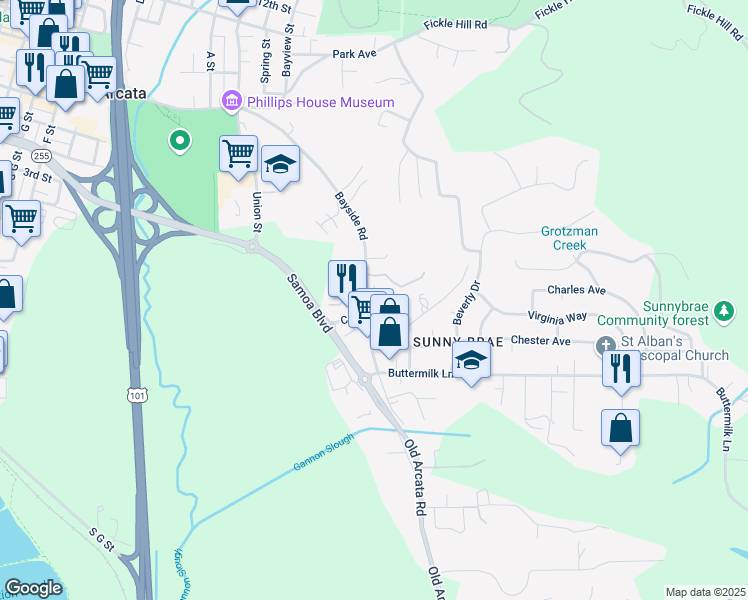 map of restaurants, bars, coffee shops, grocery stores, and more near 827 Old Arcata Road in Arcata