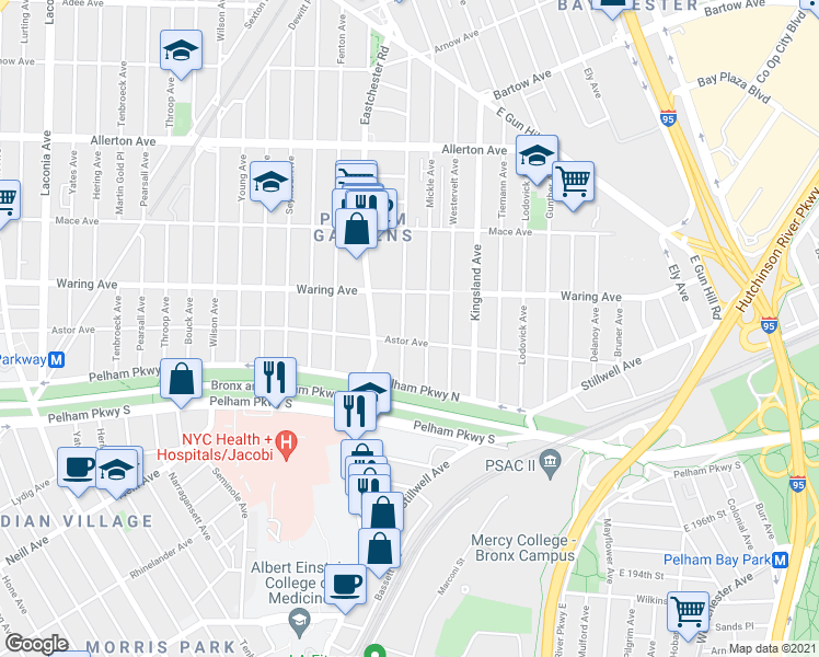 map of restaurants, bars, coffee shops, grocery stores, and more near 2357 Woodhull Avenue in The Bronx