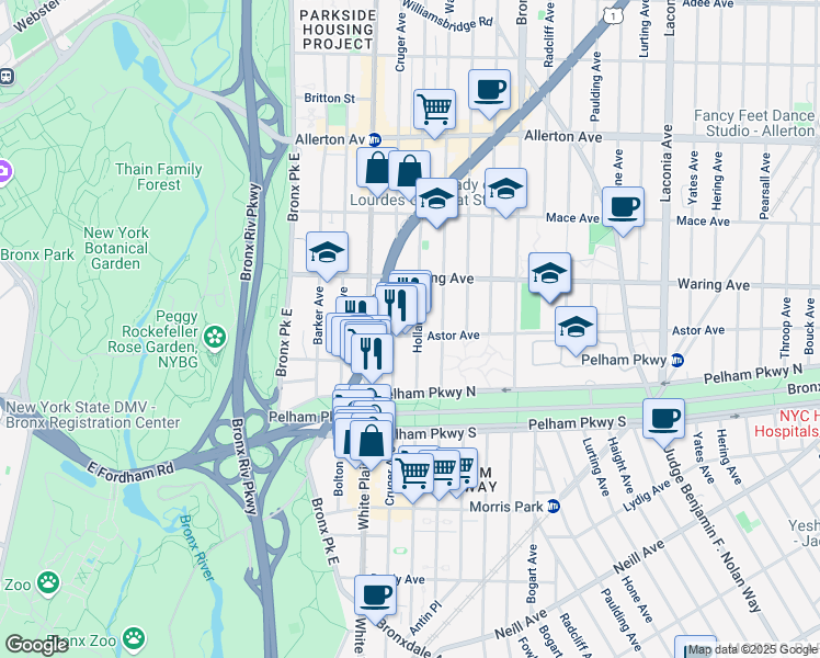 map of restaurants, bars, coffee shops, grocery stores, and more near 2309 Holland Avenue in The Bronx