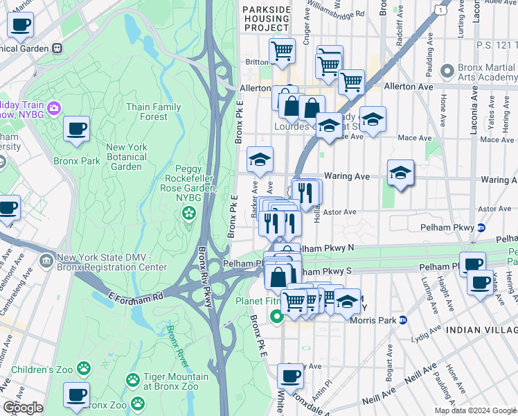 map of restaurants, bars, coffee shops, grocery stores, and more near 2275 Olinville Avenue in Bronx