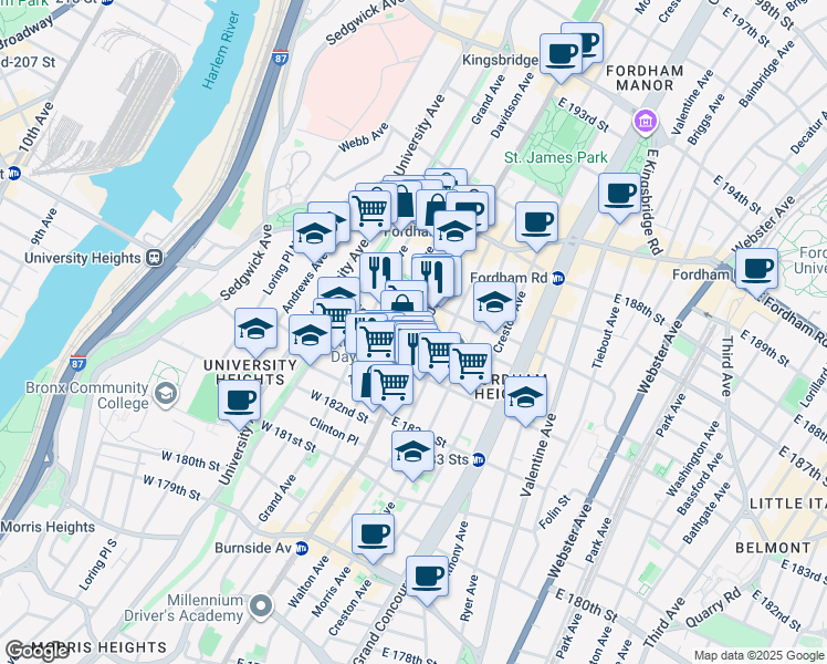 map of restaurants, bars, coffee shops, grocery stores, and more near 7 North Street in The Bronx