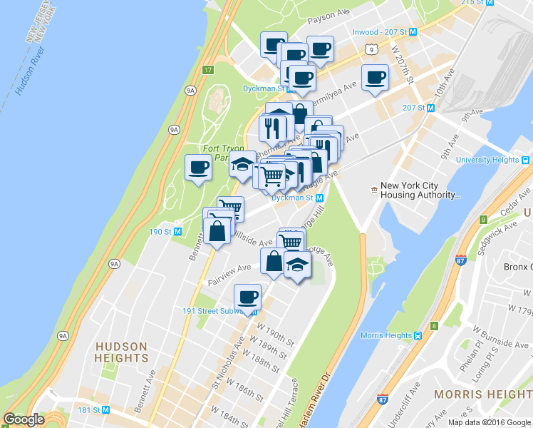 map of restaurants, bars, coffee shops, grocery stores, and more near 64 Nagle Avenue in New York