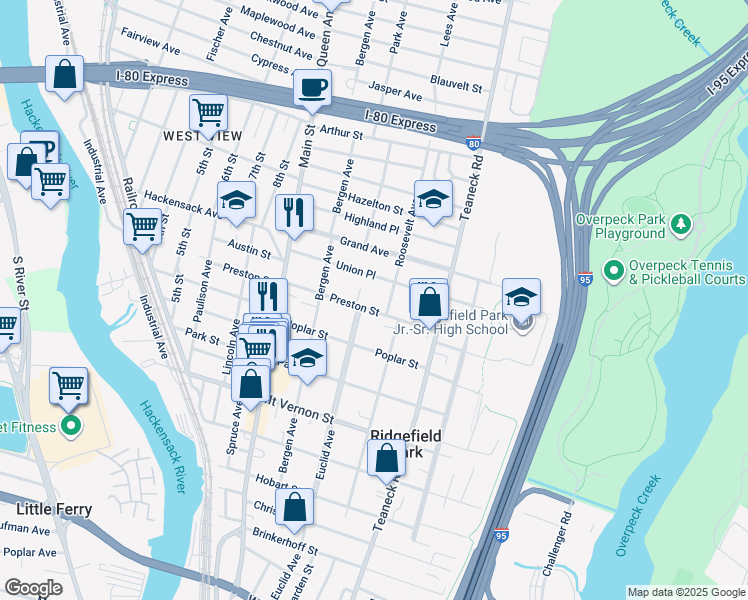 map of restaurants, bars, coffee shops, grocery stores, and more near 1 Ehler Court in Ridgefield Park