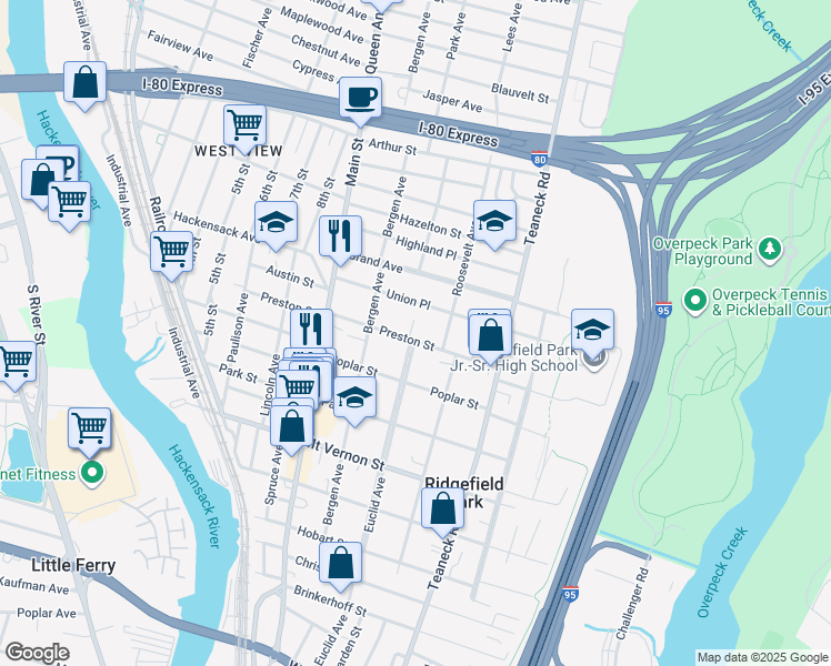 map of restaurants, bars, coffee shops, grocery stores, and more near 1 Ehler Court in Ridgefield Park