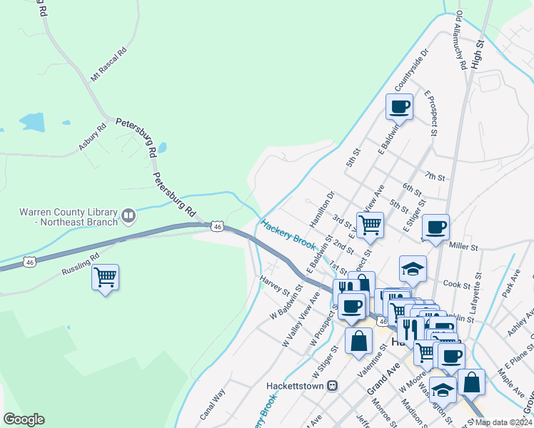map of restaurants, bars, coffee shops, grocery stores, and more near 9 Canal Lane in Hackettstown