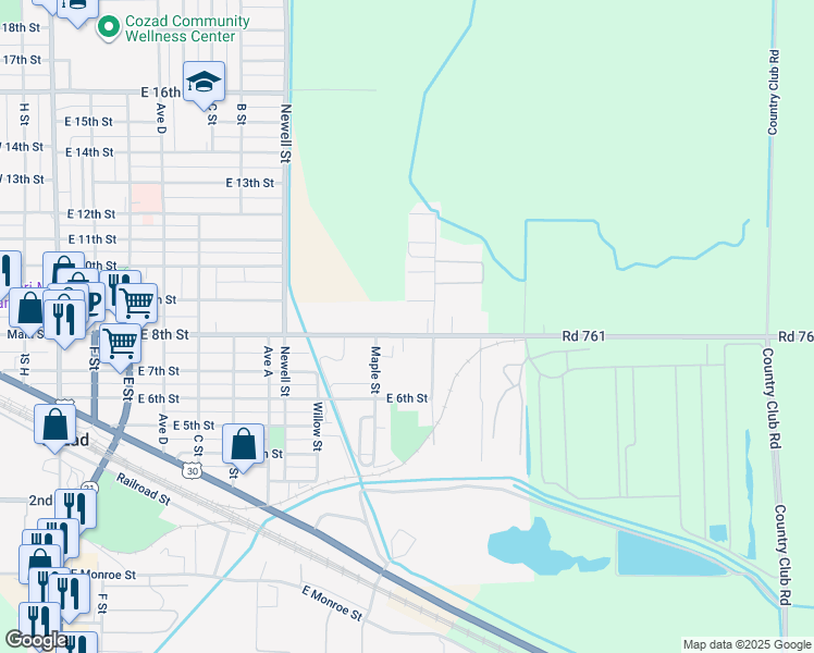 map of restaurants, bars, coffee shops, grocery stores, and more near 1210-1298 East 8th Street in Cozad