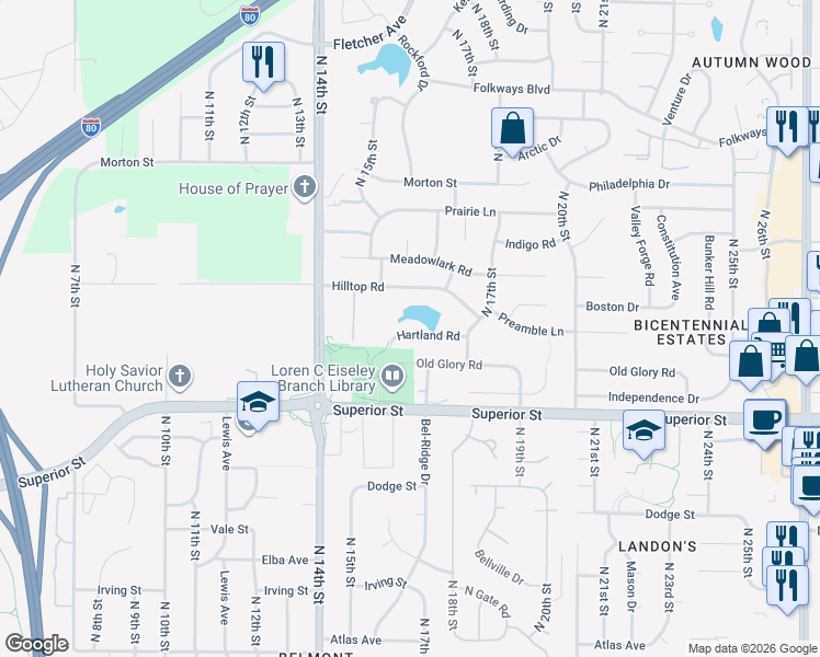 map of restaurants, bars, coffee shops, grocery stores, and more near 1544 Hartland Road in Lincoln