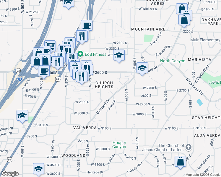 map of restaurants, bars, coffee shops, grocery stores, and more near 374 West 2725 South in Bountiful