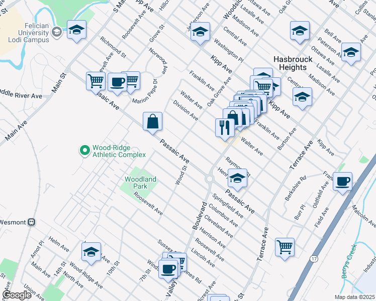 map of restaurants, bars, coffee shops, grocery stores, and more near 116 Henry Street in Hasbrouck Heights
