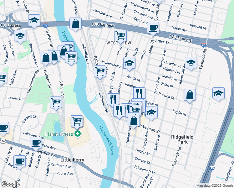 map of restaurants, bars, coffee shops, grocery stores, and more near 60 Paulison Avenue in Ridgefield Park