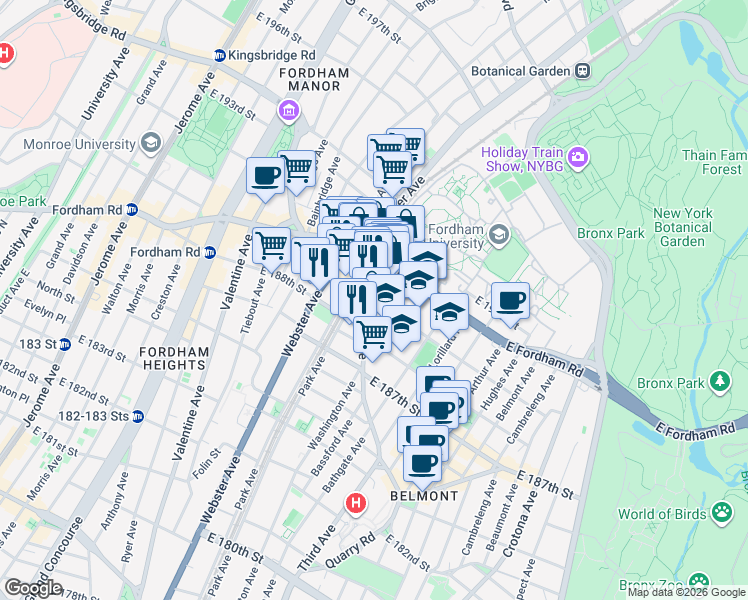 map of restaurants, bars, coffee shops, grocery stores, and more near 1 Fordham Plaza in The Bronx