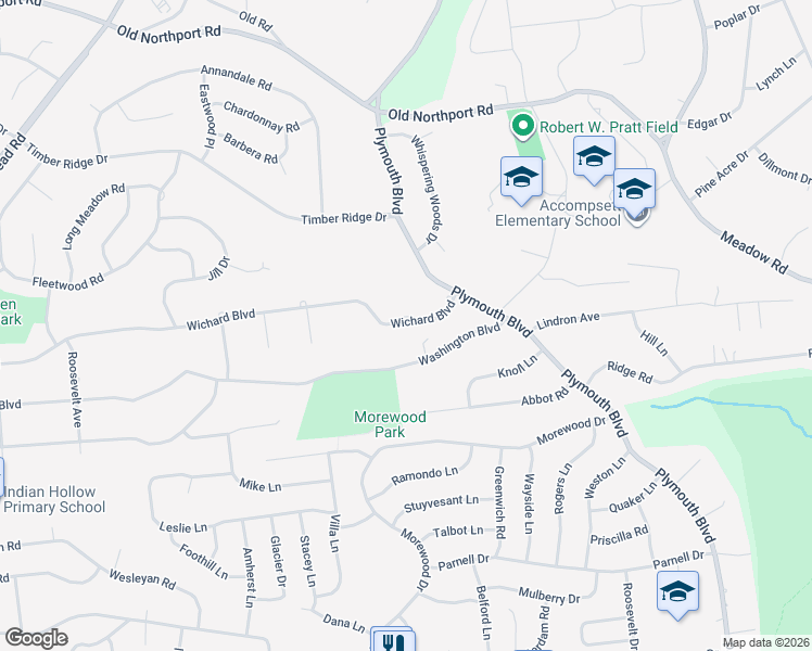 map of restaurants, bars, coffee shops, grocery stores, and more near 107 Wichard Boulevard in Commack