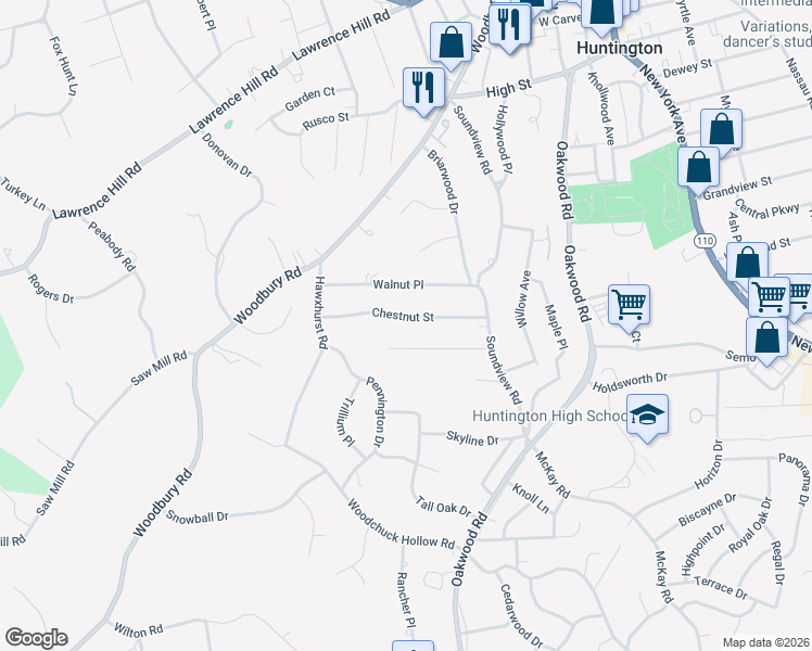 map of restaurants, bars, coffee shops, grocery stores, and more near 44 Chestnut Street in Huntington