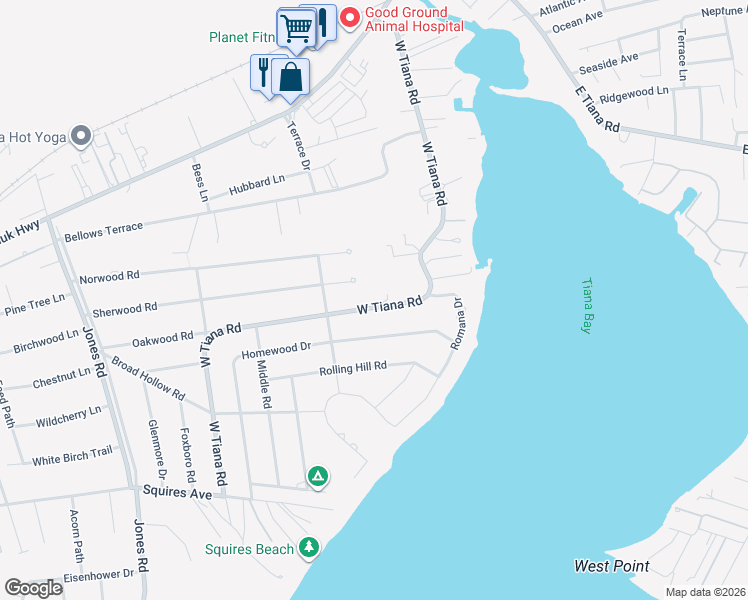 map of restaurants, bars, coffee shops, grocery stores, and more near 98 West Tiana Road in Hampton Bays