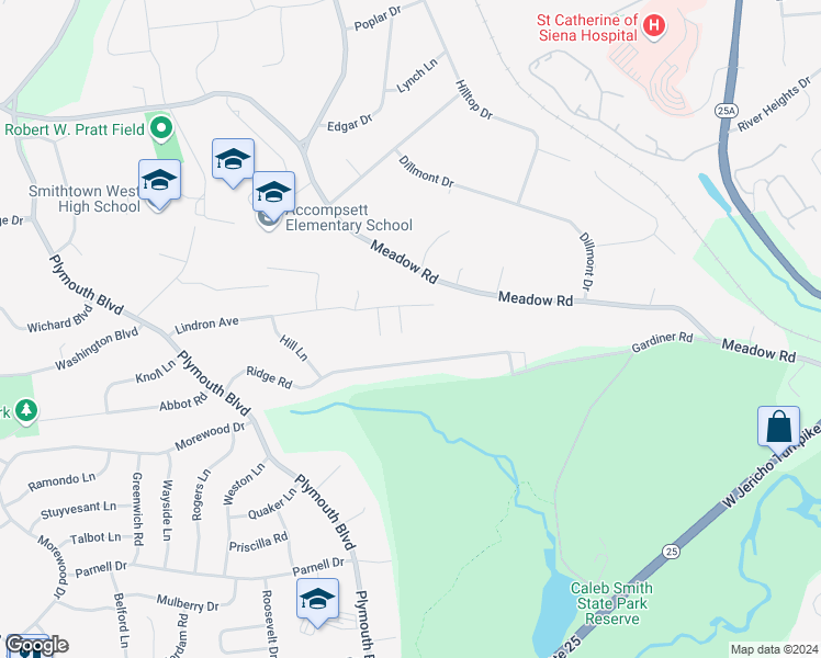 map of restaurants, bars, coffee shops, grocery stores, and more near 4 Easton Avenue in Smithtown