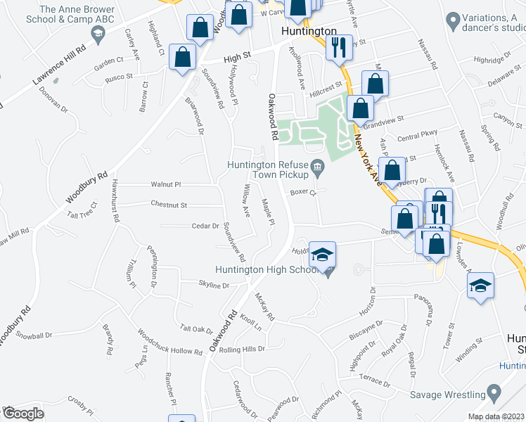 map of restaurants, bars, coffee shops, grocery stores, and more near 45 Maple Place in Huntington