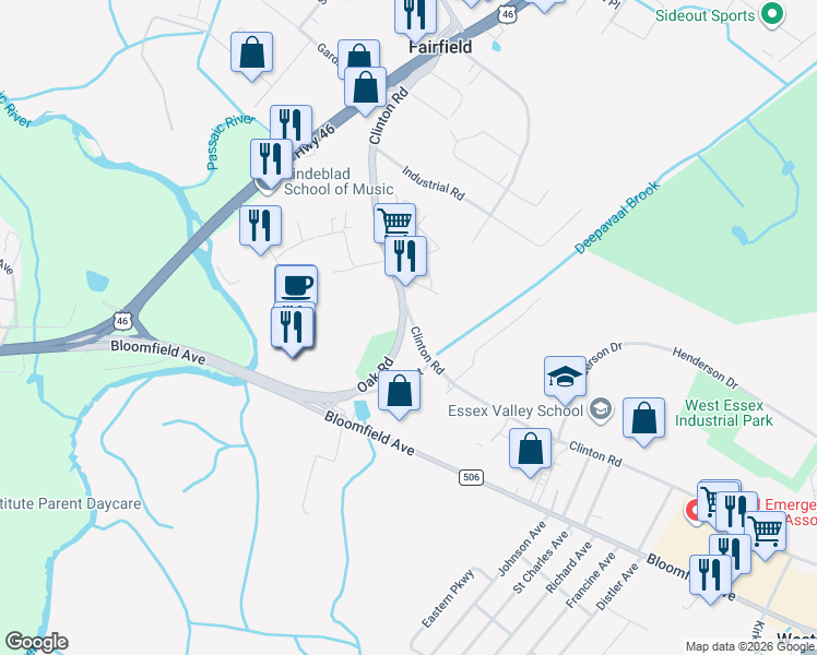 map of restaurants, bars, coffee shops, grocery stores, and more near 37 Clinton Road in Fairfield