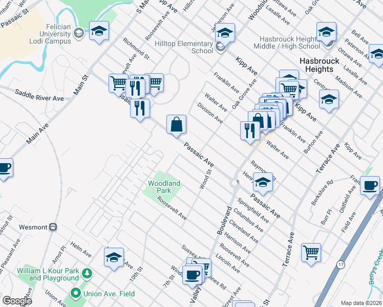 map of restaurants, bars, coffee shops, grocery stores, and more near 34 Passaic Avenue in Hasbrouck Heights