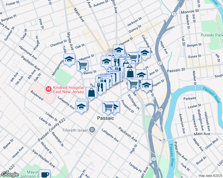 map of restaurants, bars, coffee shops, grocery stores, and more near 47 Broadway in Passaic
