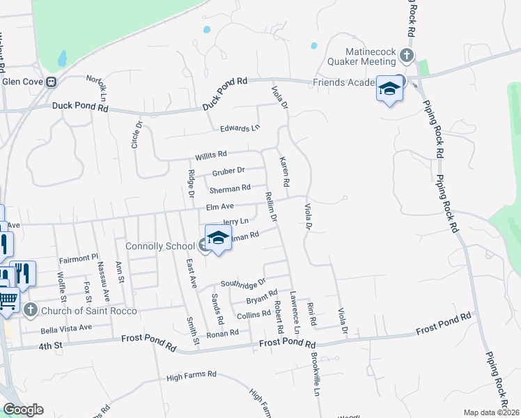 map of restaurants, bars, coffee shops, grocery stores, and more near 26 Jerry Lane in Glen Cove