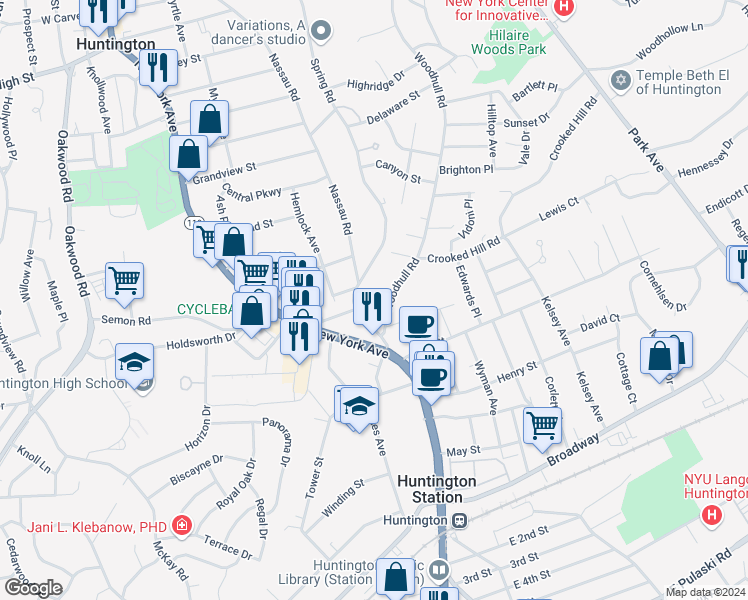 map of restaurants, bars, coffee shops, grocery stores, and more near 300 Nassau Road in Huntington