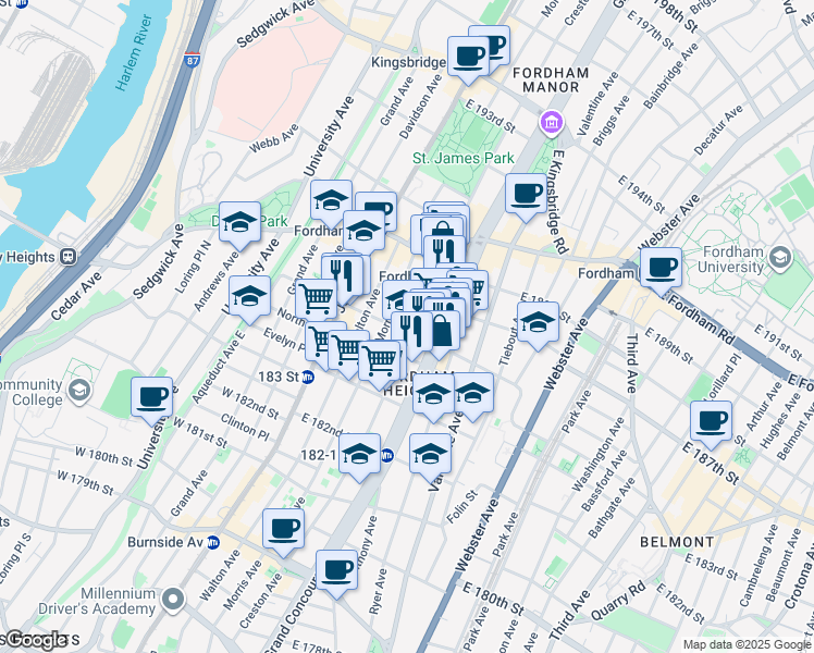 map of restaurants, bars, coffee shops, grocery stores, and more near in The Bronx