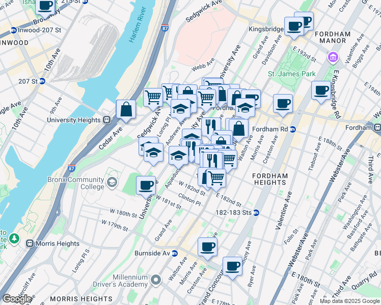 map of restaurants, bars, coffee shops, grocery stores, and more near 2280 Aqueduct Avenue in The Bronx