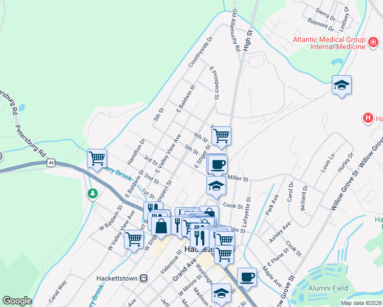 map of restaurants, bars, coffee shops, grocery stores, and more near 208 5th Street in Hackettstown