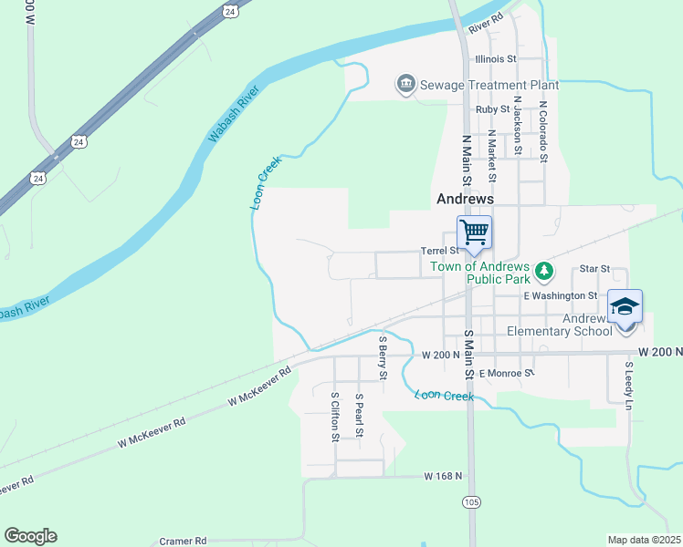 map of restaurants, bars, coffee shops, grocery stores, and more near 450 Wabash Avenue in Andrews