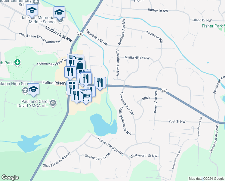 map of restaurants, bars, coffee shops, grocery stores, and more near 7006 Fulton Drive Northwest in Canton