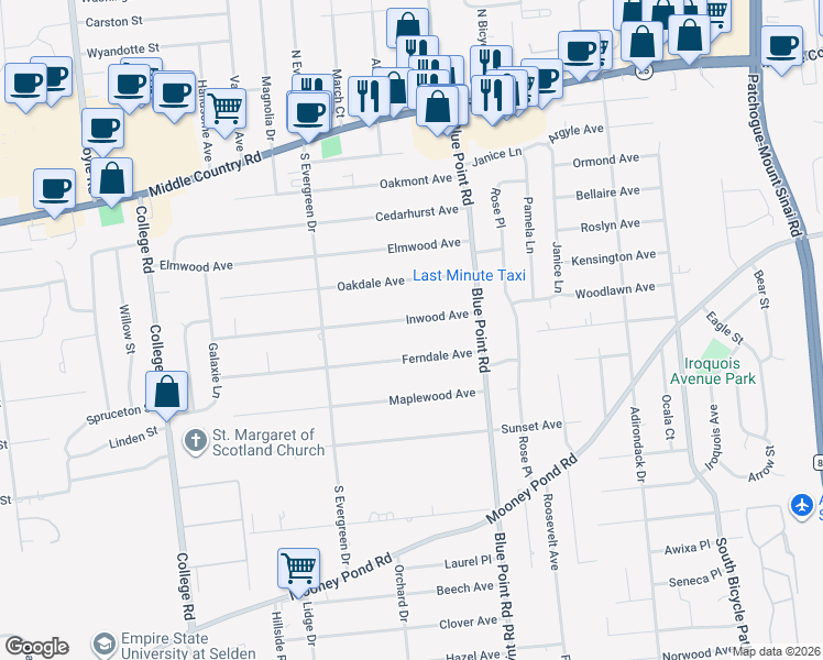 map of restaurants, bars, coffee shops, grocery stores, and more near 22 Inwood Avenue in Selden