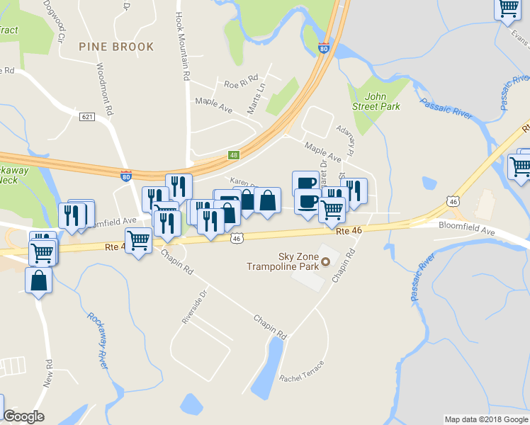 map of restaurants, bars, coffee shops, grocery stores, and more near 47 Bloomfield Avenue in Montville